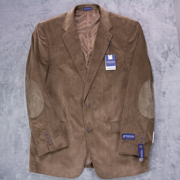 Stafford Mens 42R Brown Taupe Corduroy Sport Coat Blazer Elbow‎ Patch - Picture 2 of 16